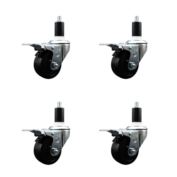 3'' Hard Rubber Swivel 1-3/8'' Expanding Stem Caster Set Total Lock Brake, 4PK